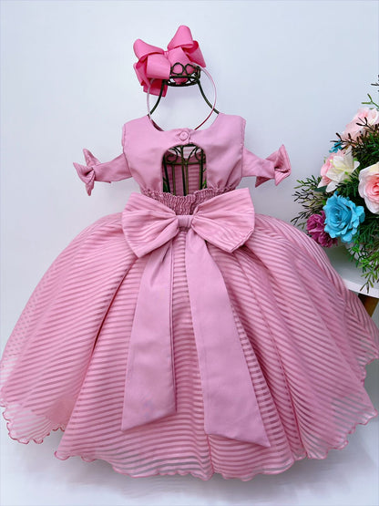 Vestido rosa infantil con cinturón de perlas y diamantes de imitación de lujo 