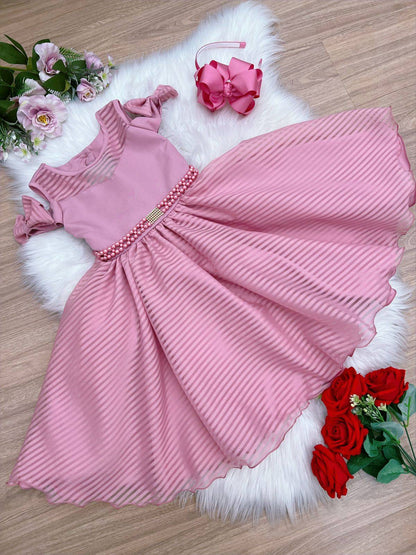 Vestido rosa infantil con cinturón de perlas y diamantes de imitación de lujo 