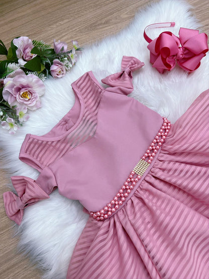 Vestido rosa infantil con cinturón de perlas y diamantes de imitación de lujo 