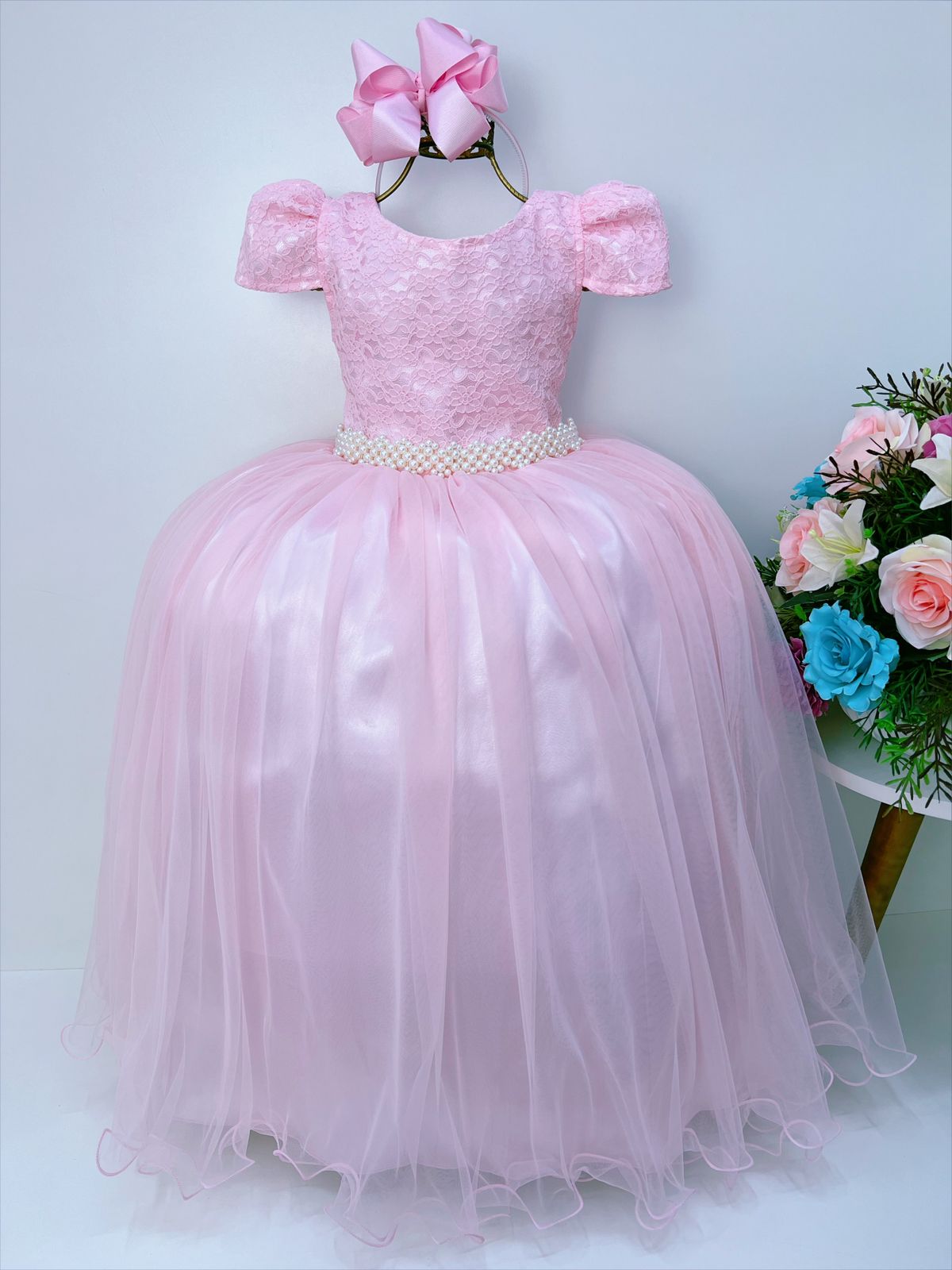 Vestido infantil largo de tul rosa con encaje para bodas y fiestas