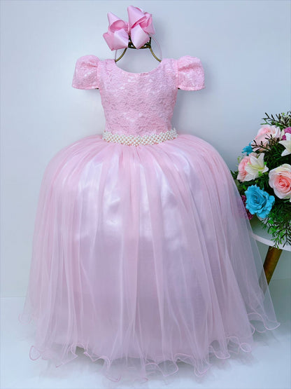 Vestido infantil largo de tul rosa con encaje para bodas y fiestas
