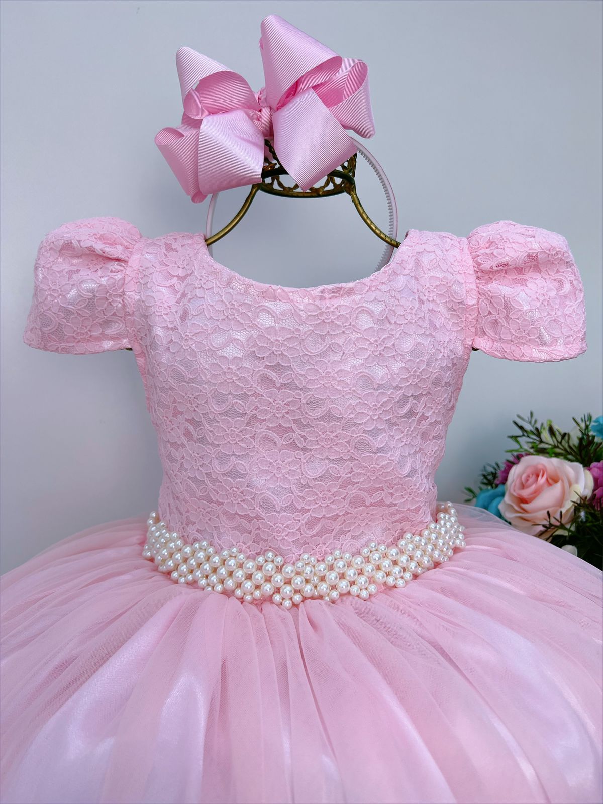 Vestido infantil largo de tul rosa con encaje para bodas y fiestas