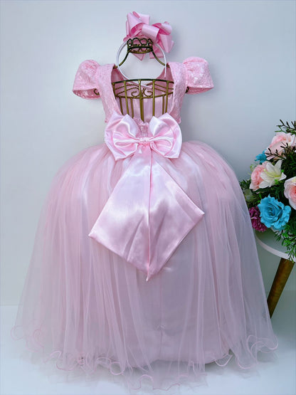 Vestido infantil largo de tul rosa con encaje para bodas y fiestas