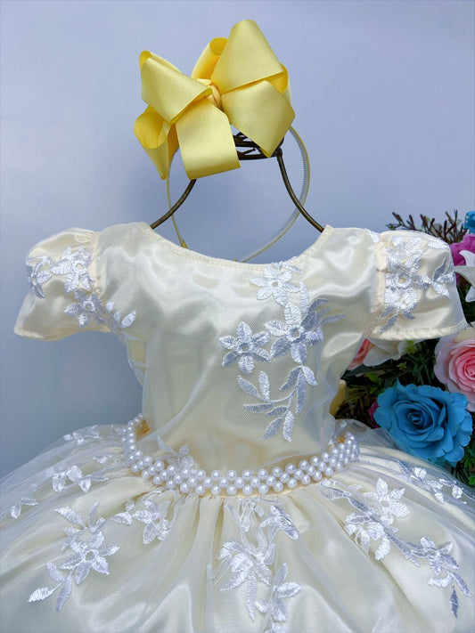Vestido Infantil Amarillo Encaje Blanco Realeza y Perlas de Lujo