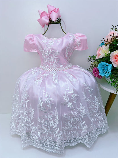 Vestido infantil Royalty de encaje blanco rosa con perlas de lujo
