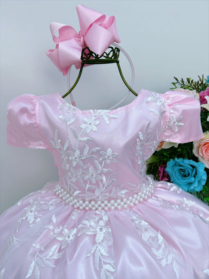 Vestido infantil Royalty de encaje blanco rosa con perlas de lujo