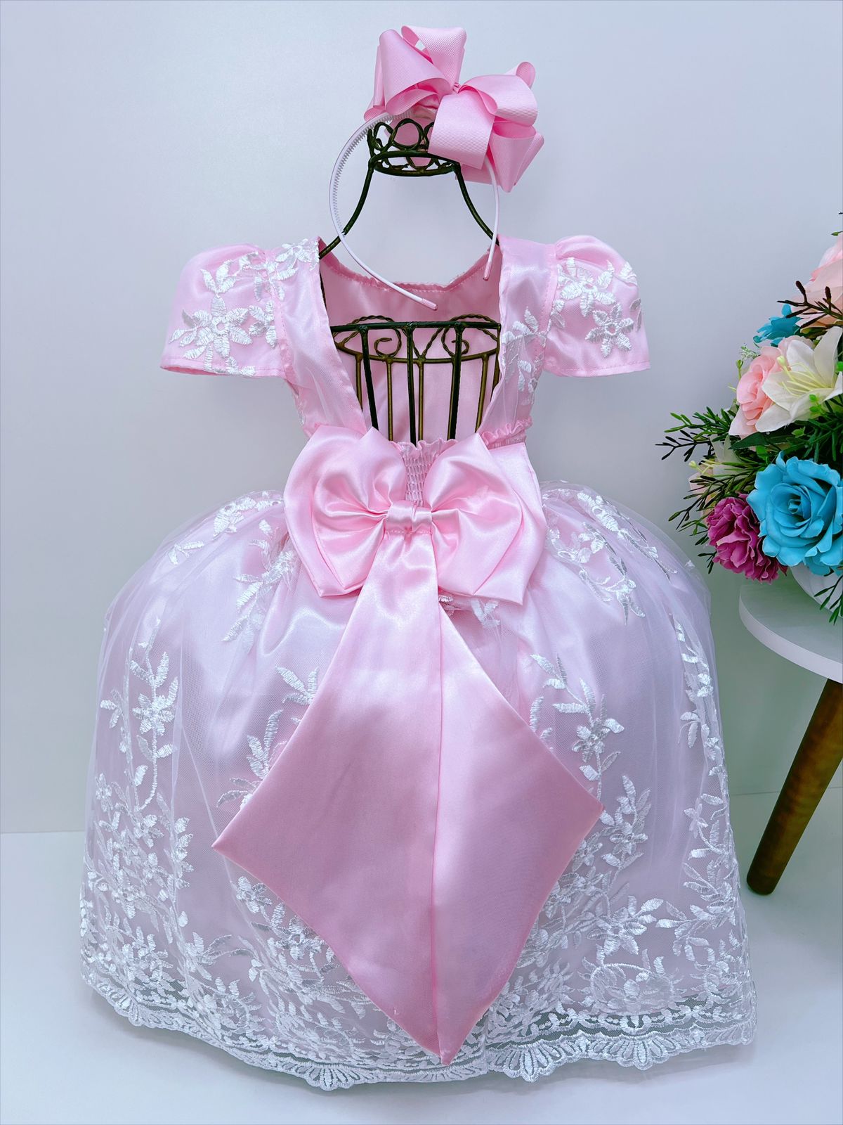 Vestido infantil Royalty de encaje blanco rosa con perlas de lujo