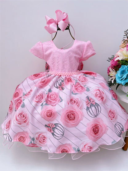 Vestido infantil de encaje floral rosa con cinturón de perlas para fiestas 