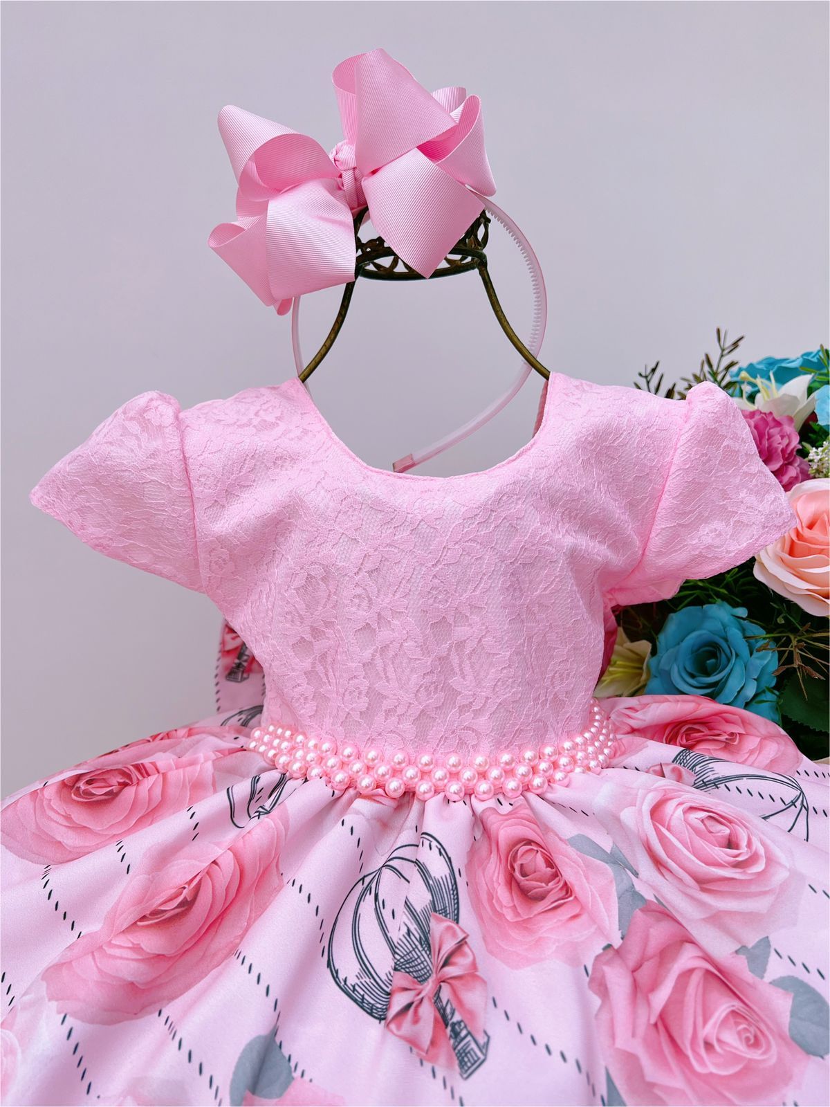 Vestido Infantil Rosa Renda Florido Cinto Pérolas Festas