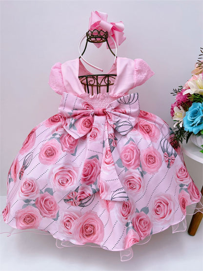 Vestido infantil de encaje floral rosa con cinturón de perlas para fiestas 