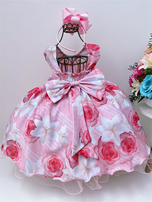 Vestido infantil con flores rosas y cinturón de perlas para fiestas