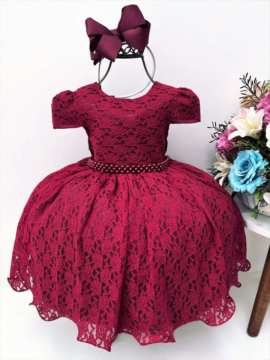 Vestido Infantil Realeza Marsala Renda e Pérolas Festa