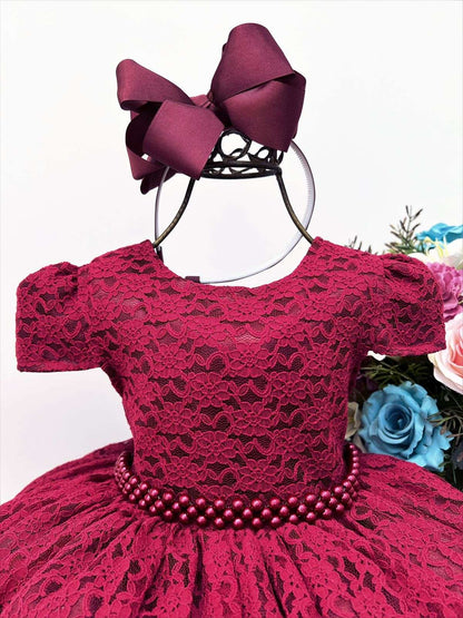 Vestido de fiesta infantil de encaje y perlas Royal Marsala
