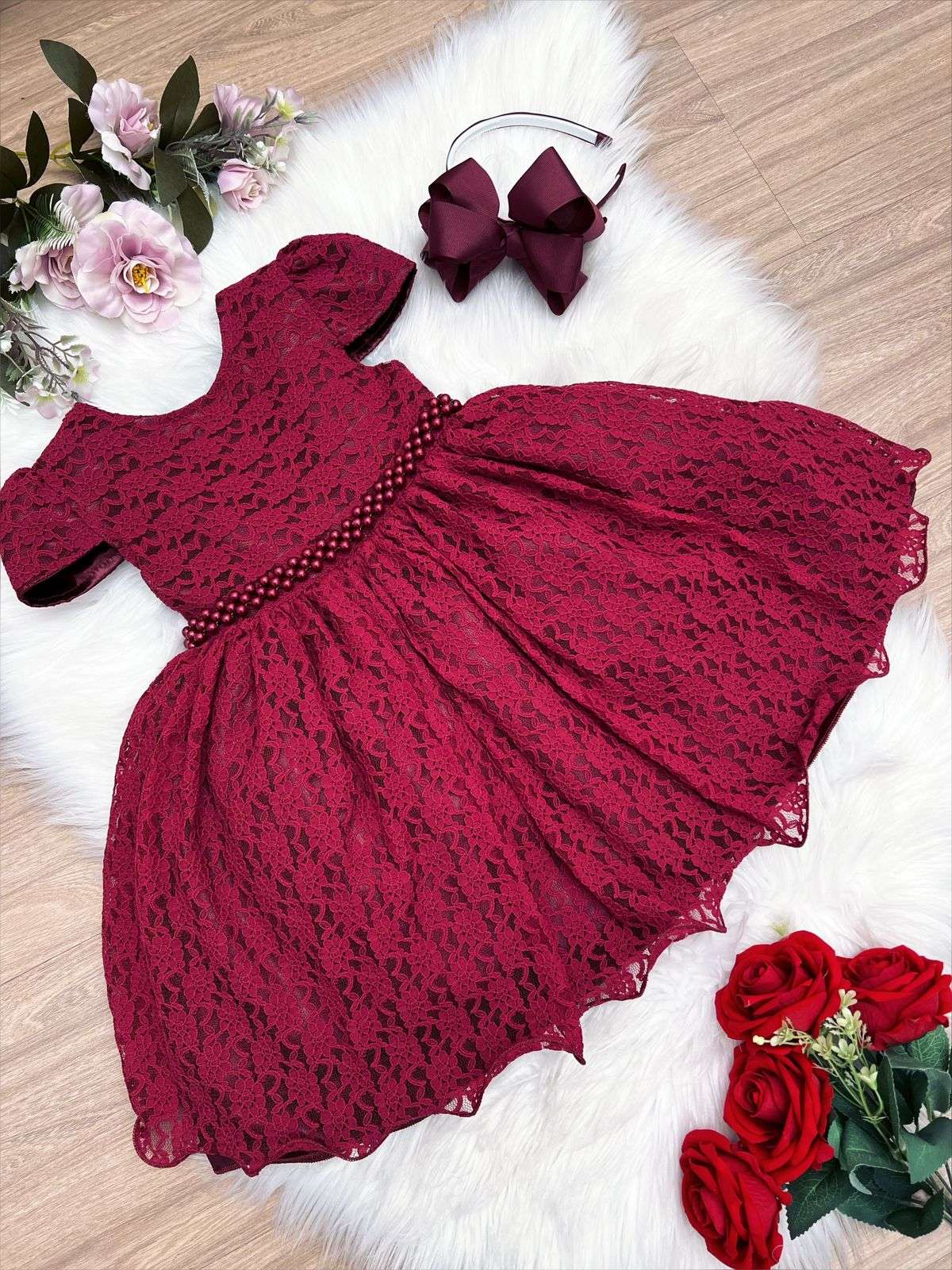 Vestido de fiesta infantil de encaje y perlas Royal Marsala