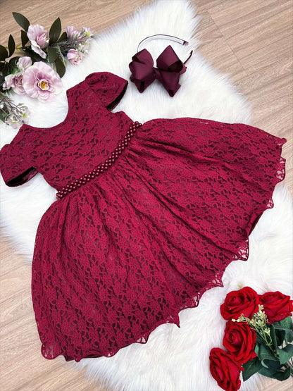 Vestido de fiesta infantil de encaje y perlas Royal Marsala