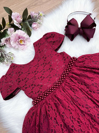 Vestido de fiesta infantil de encaje y perlas Royal Marsala