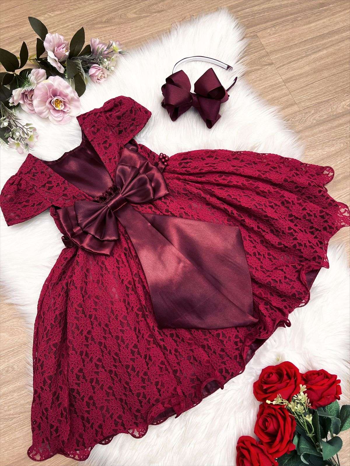 Vestido de fiesta infantil de encaje y perlas Royal Marsala