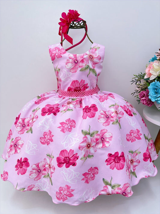 Vestido infantil con flores rosas y diamantes de imitación, perla y tiara 