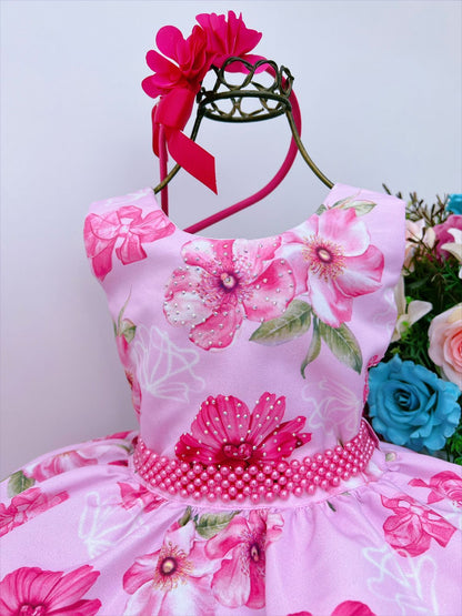Vestido infantil con flores rosas y diamantes de imitación, perla y tiara 