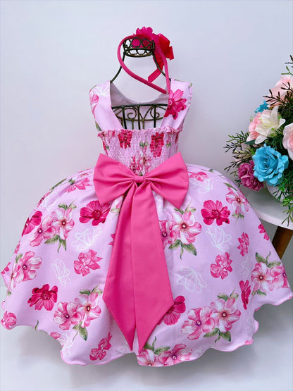 Vestido infantil con flores rosas y diamantes de imitación, perla y tiara 
