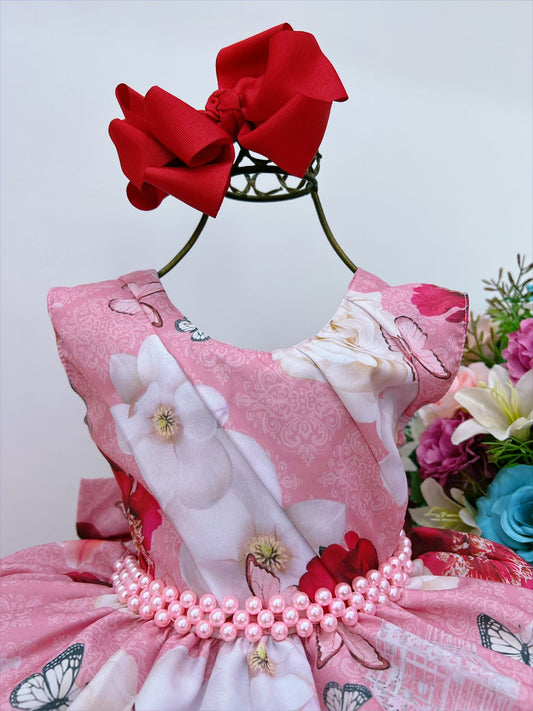 Vestido infantil de lujo "Jardín de rosas de mariposas y perlas" 
