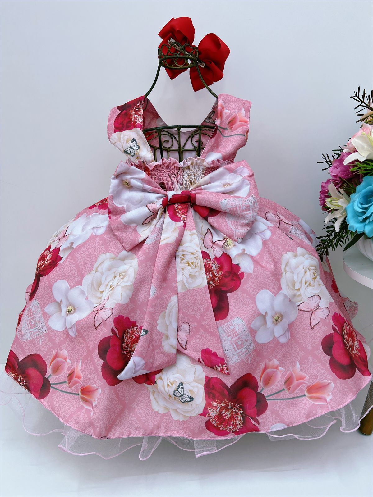 Vestido Infantil Rose Jardim das Borboletas e Pérolas Luxo