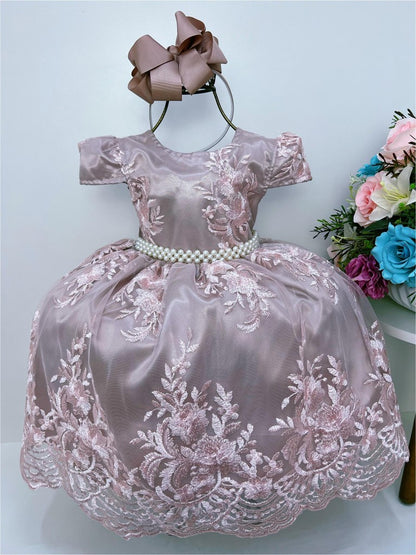 Vestido infantil de encaje rosa con cinturón de perlas Royalty