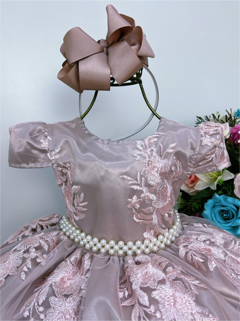 Vestido infantil de encaje rosa con cinturón de perlas Royalty