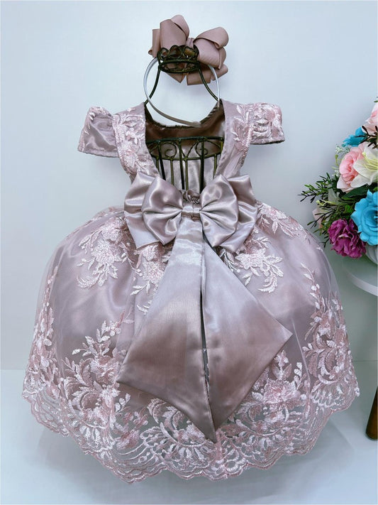 Vestido infantil de encaje rosa con cinturón de perlas Royalty
