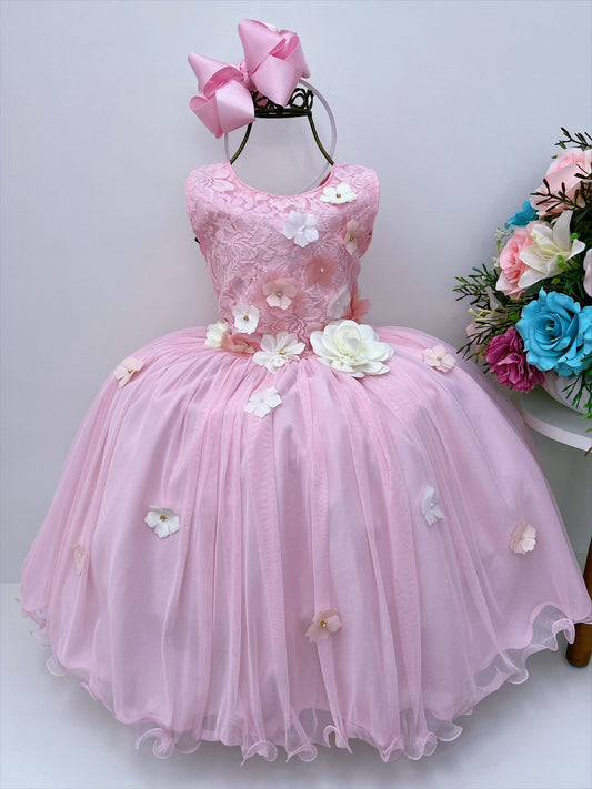 Vestido infantil de lujo rosa con apliques de flores y encaje