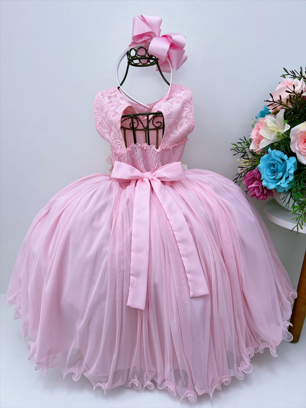 Vestido infantil de lujo rosa con apliques de flores y encaje