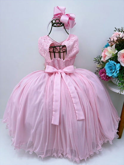 Vestido infantil de lujo rosa con apliques de flores y encaje