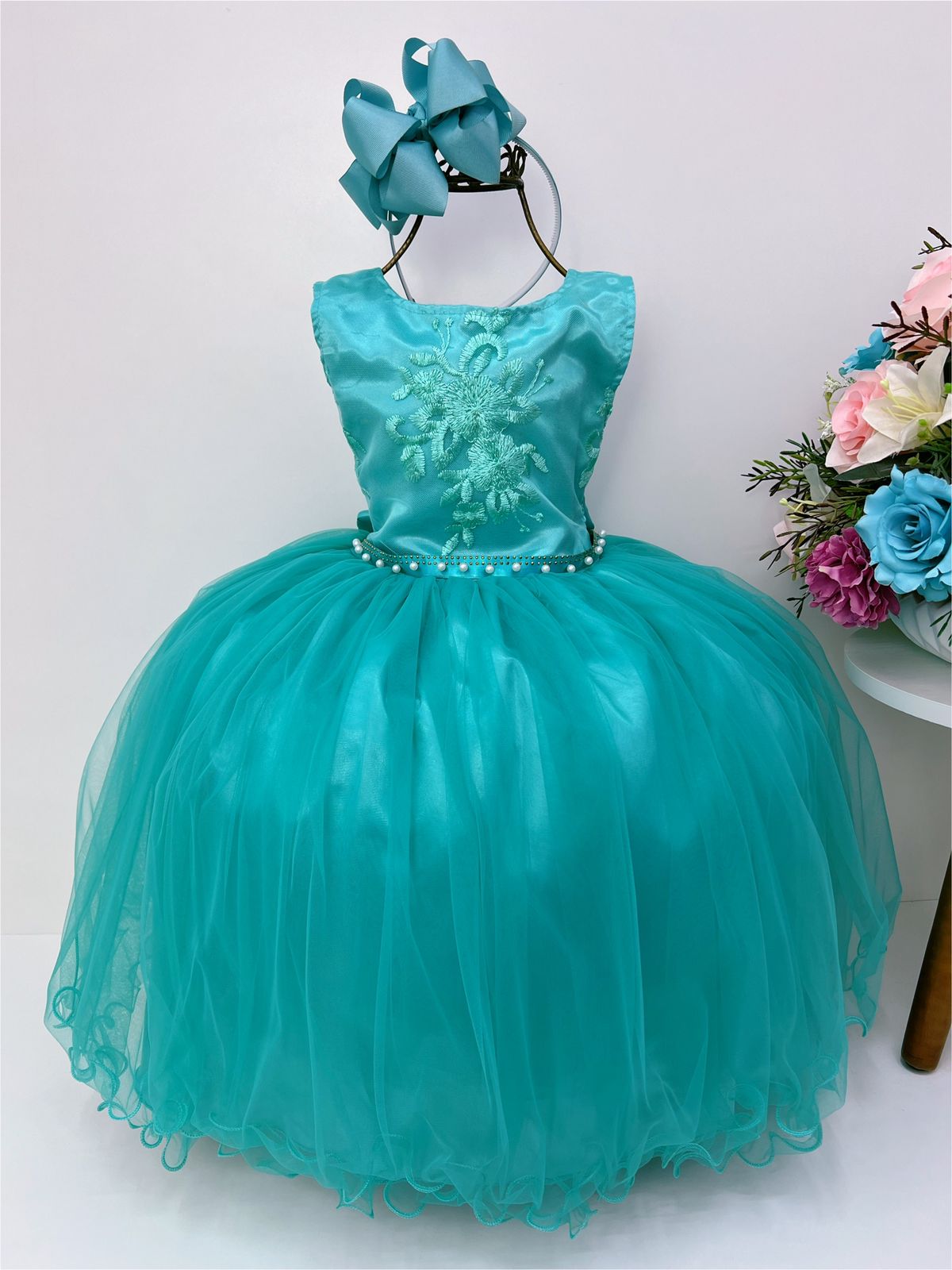 Vestido de dama de honor infantil verde con cinturón de perlas y diamantes de imitación