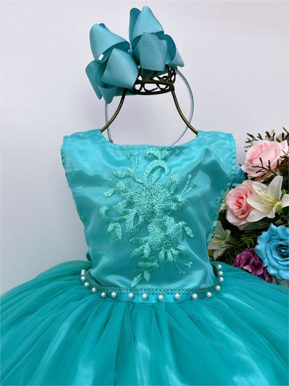 Vestido de dama de honor infantil verde con cinturón de perlas y diamantes de imitación
