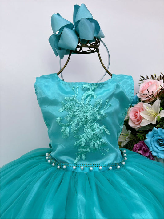 Vestido de dama de honor infantil verde con cinturón de perlas y diamantes de imitación