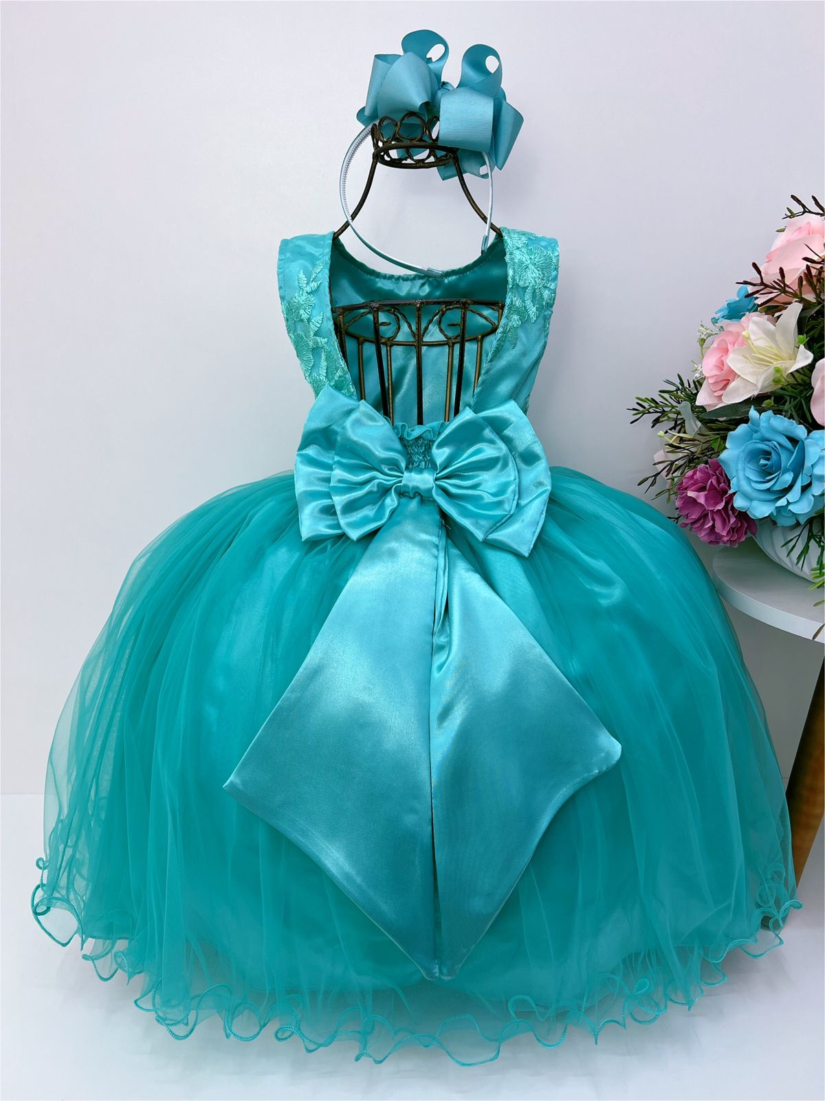 Vestido de dama de honor infantil verde con cinturón de perlas y diamantes de imitación