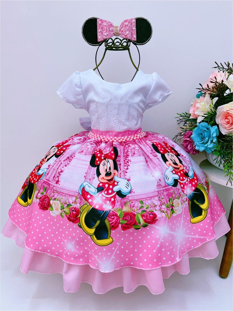 Vestido de Minnie Mouse con estampado floral rosa y lunares blancos y diamantes de imitación en el pecho