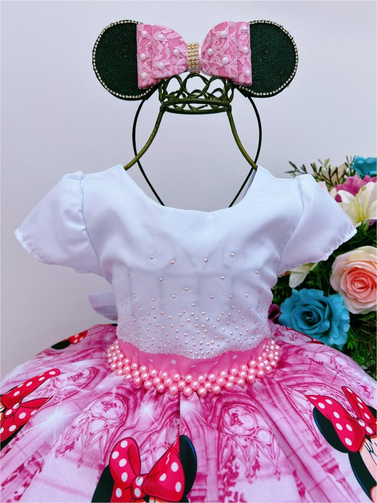 Vestido de Minnie Mouse con estampado floral rosa y lunares blancos y diamantes de imitación en el pecho