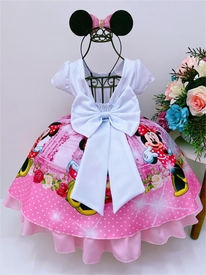 Vestido de Minnie Mouse con estampado floral rosa y lunares blancos y diamantes de imitación en el pecho