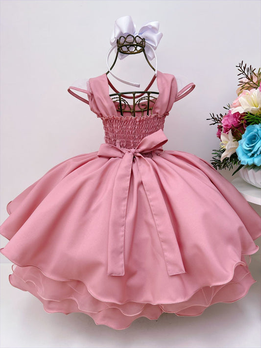Vestido infantil rosado con encaje y cinturón de perlas de imitación de lujo