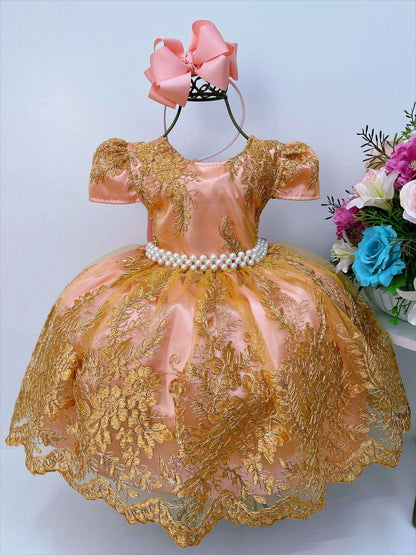 Vestido infantil de tul dorado y encaje rosa para damas reales