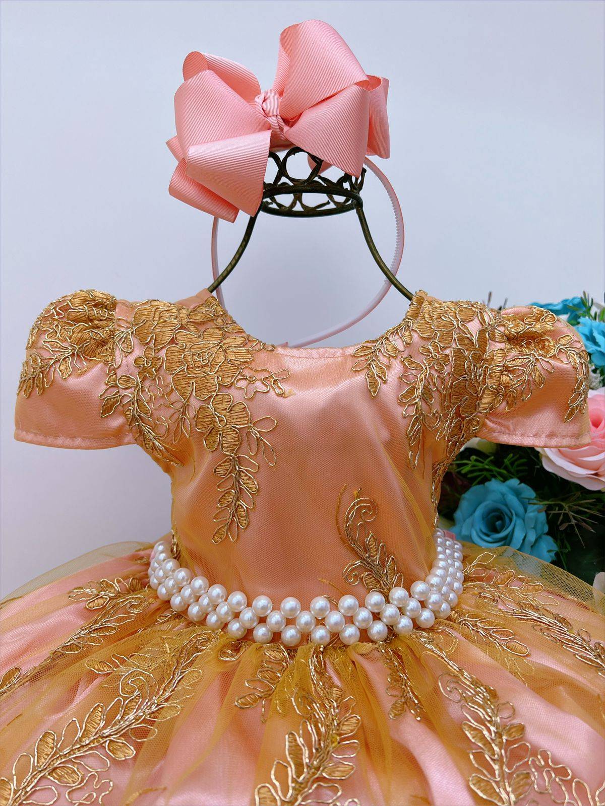 Vestido infantil de tul dorado y encaje rosa para damas reales