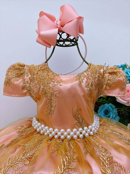 Vestido infantil de tul dorado y encaje rosa para damas reales
