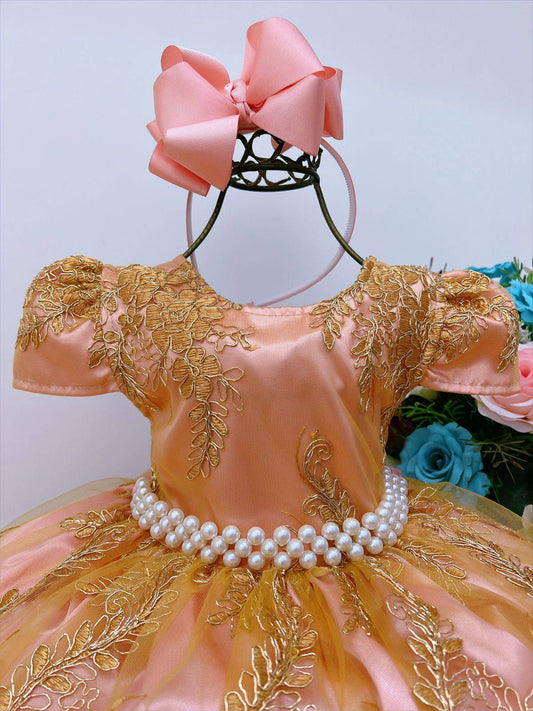 Vestido infantil de tul dorado y encaje rosa para damas reales
