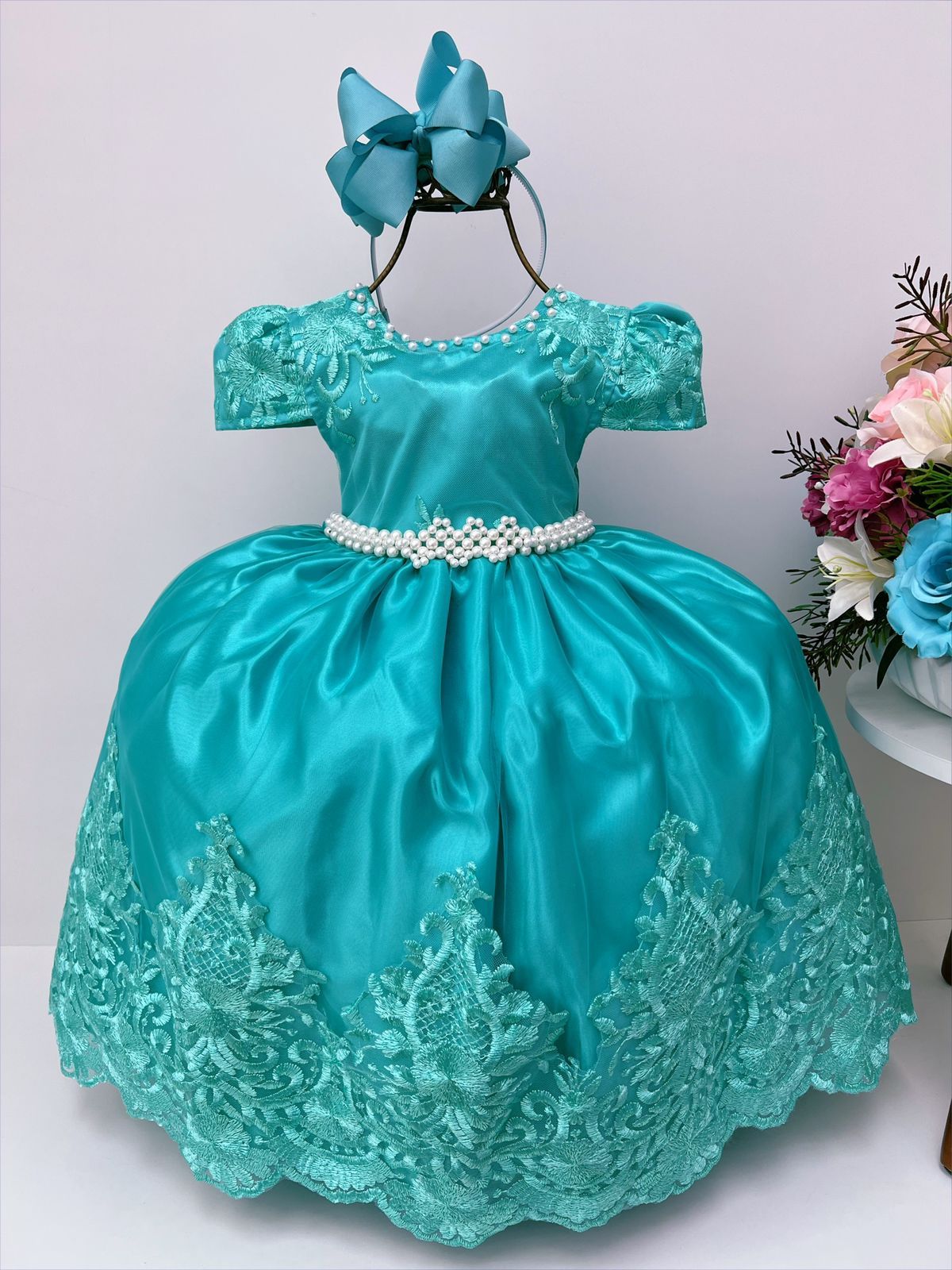 Vestido de novia infantil de encaje verde con perlas de lujo