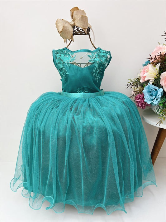 Vestido infantil verde de tul con encaje y brillo de lujo para damas 