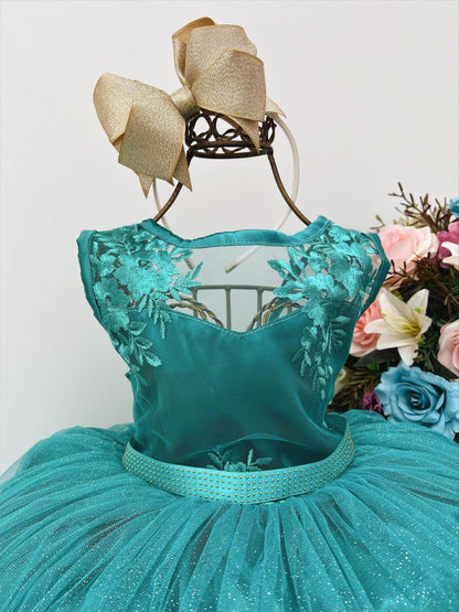 Vestido infantil verde de tul con encaje y brillo de lujo para damas 