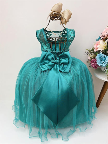 Vestido infantil verde de tul con encaje y brillo de lujo para damas 