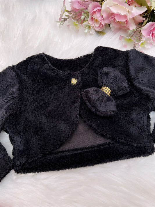 Bolero Infantil de Pelúcia Preto Plush Botão Laço Stass