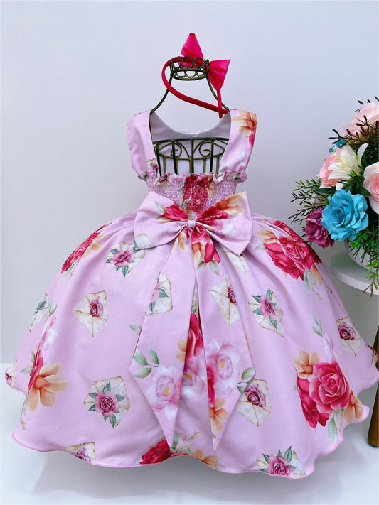 Vestido infantil con flores rosas, cinturón de perlas y tiara de diamantes de imitación 